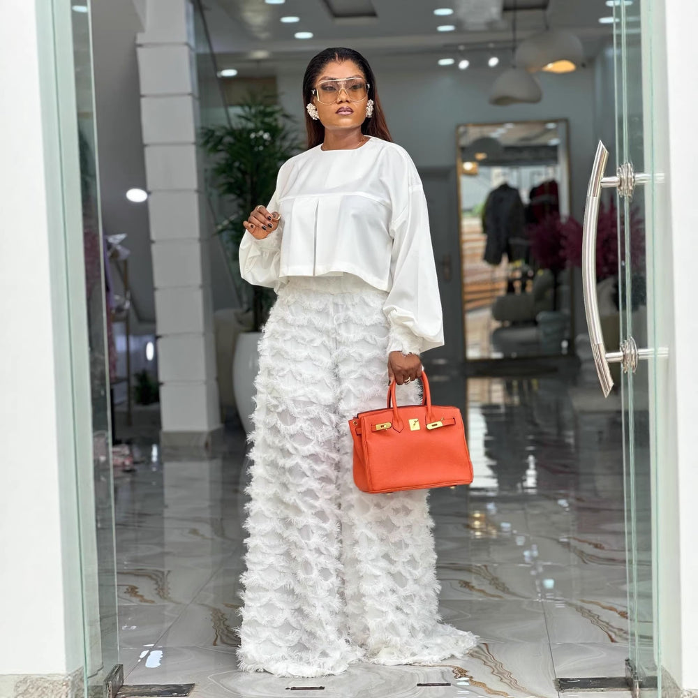 European and american cross-border women's fashion  spring new arrival: elegant round neck lantern sleeve blouse and wide-leg pants set