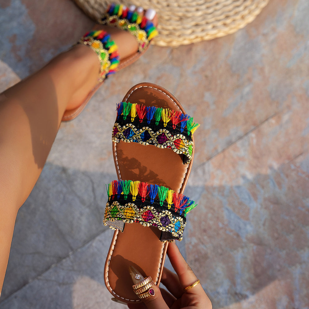 export tassel beach sandals women's  summer new bohemian flat large size slippers wholesale