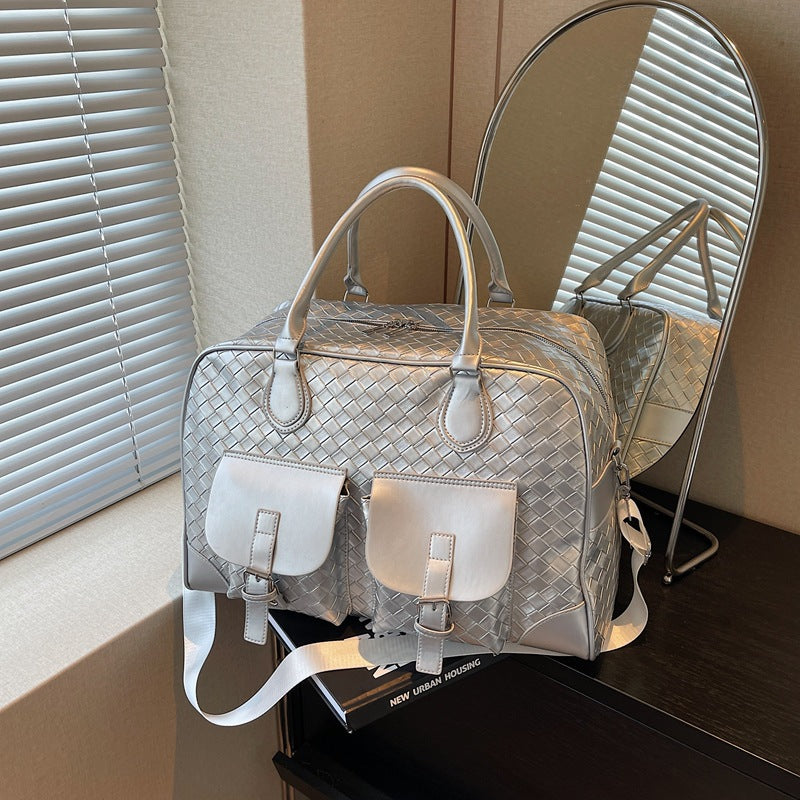Cross-border short-distance travel bag Women's woven pattern Simple hand luggage bag Going out Large capacity sports fitness messenger bag