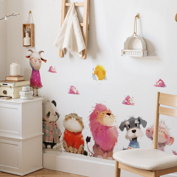 Watercolor style cartoon animal wall decoration sticker children's room cute pet removable wall sticker 69148