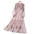 Vintage-inspired, heavily embroidered, unique and elegant women's long-sleeve dress - tie-waist a-line maxi dress, slimming and tummy-concealing