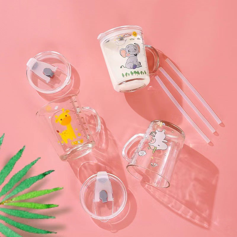 Cartoon milk mug summer glass cup with handle straw cup popular breakfast cup high-value water cup souvenir gift cup