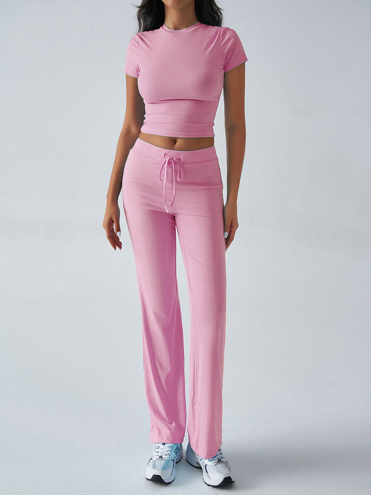 2025 european and american new arrival cross-border women's spring/summer elegant solid color crew neck casual fashion set - short sleeve top and long pants