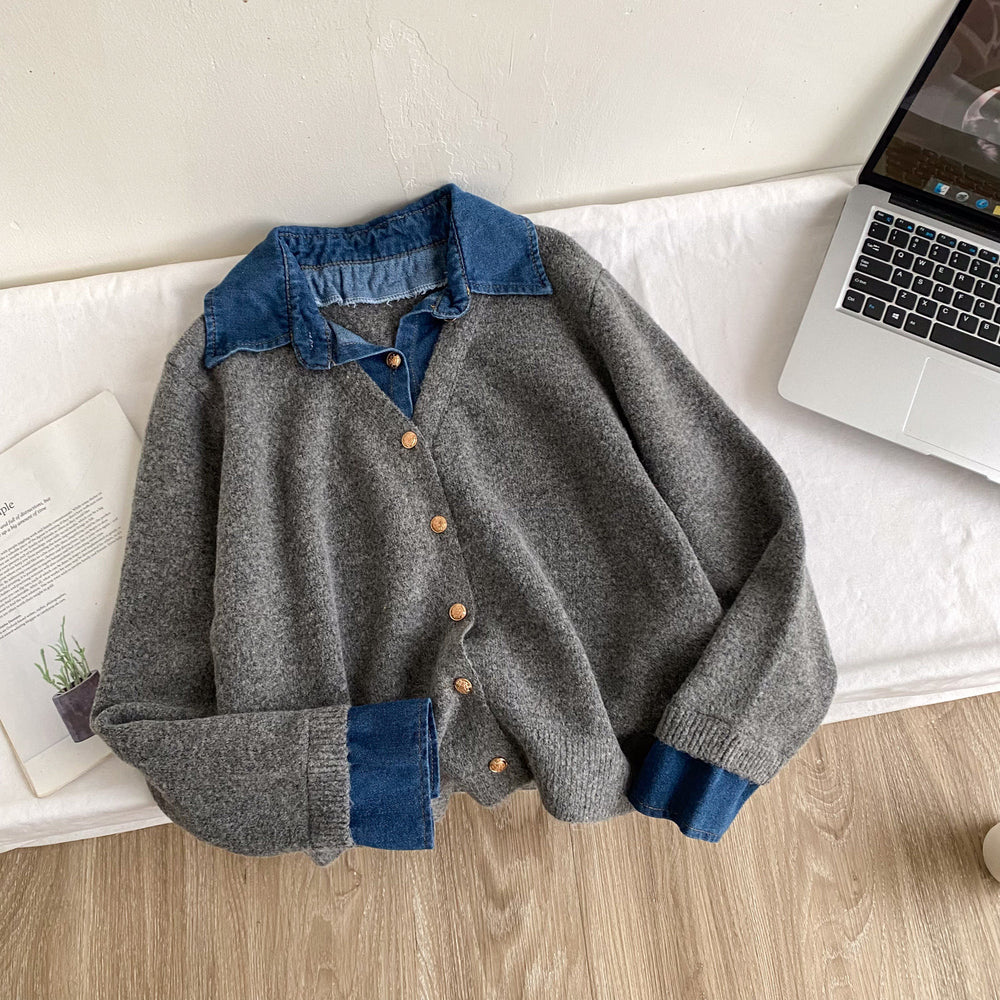 K-style denim patchworkfake two-piece knitting shirtsweater women's looseslimming lookwork clothing styletopsautumeasiest for match