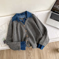 K-style denim patchworkfake two-piece knitting shirtsweater women's looseslimming lookwork clothing styletopsautumeasiest for match