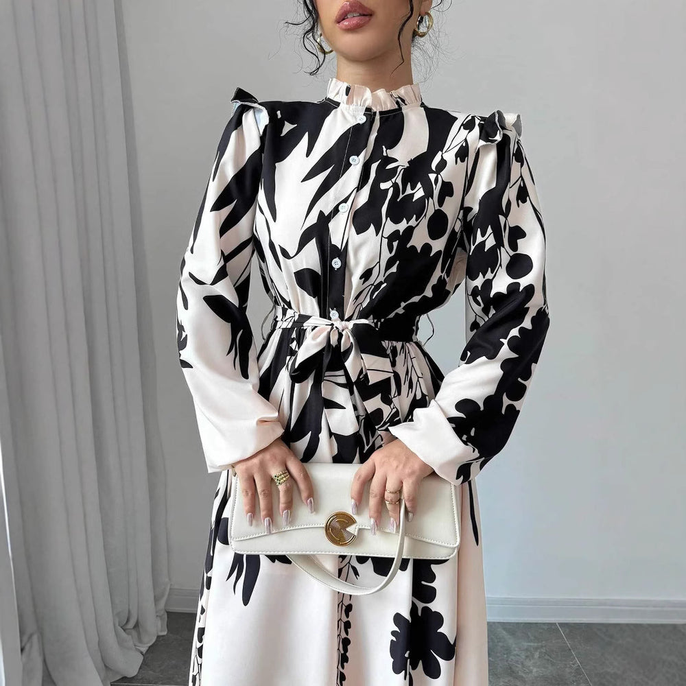 Amazon cross-border front button short-sleeved waist tie backdress women's long sleeves a-shaped long skirt