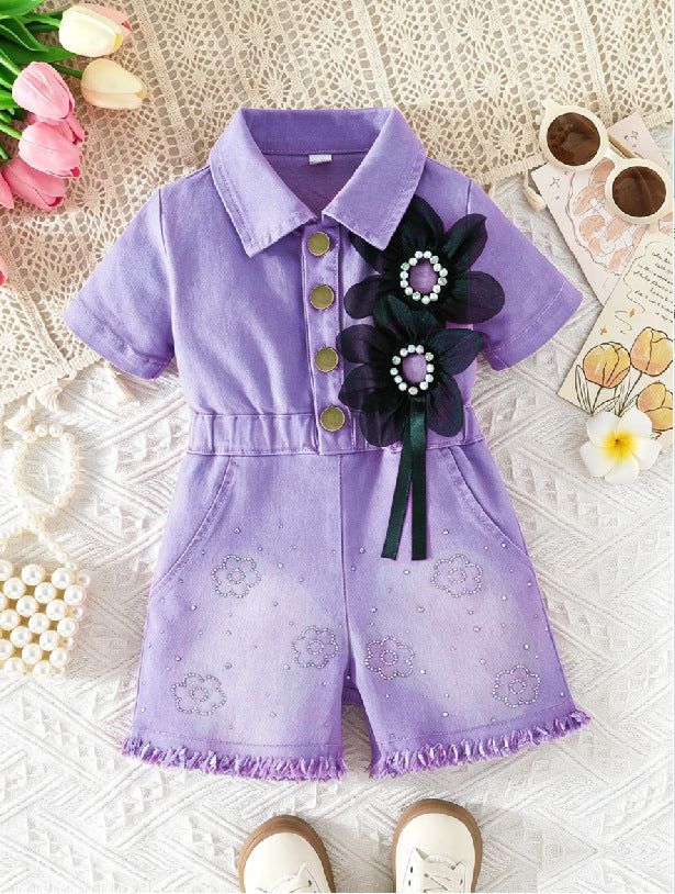 girls' denim jumpsuit - short sleeve, turn-down collar, cinched waist, pearl and floral embellishments, girls' cargo pants style