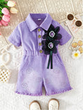 girls' denim jumpsuit - short sleeve, turn-down collar, cinched waist, pearl and floral embellishments, girls' cargo pants style