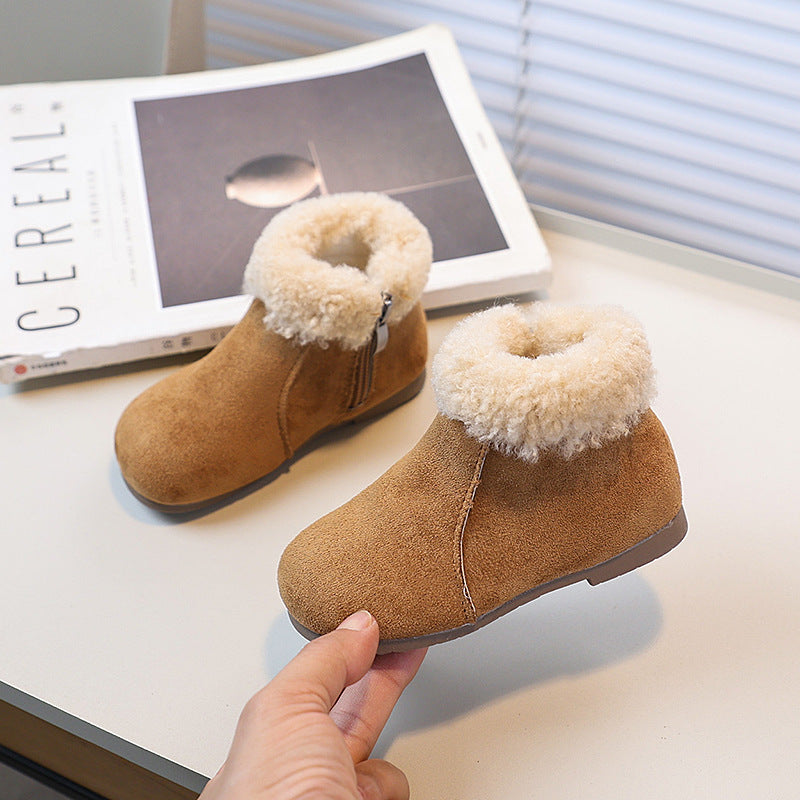 Girls' lambswool snow boots - new  collection: kids' retro fuzzy ankle boots, plush-lined flat winter cotton shoes