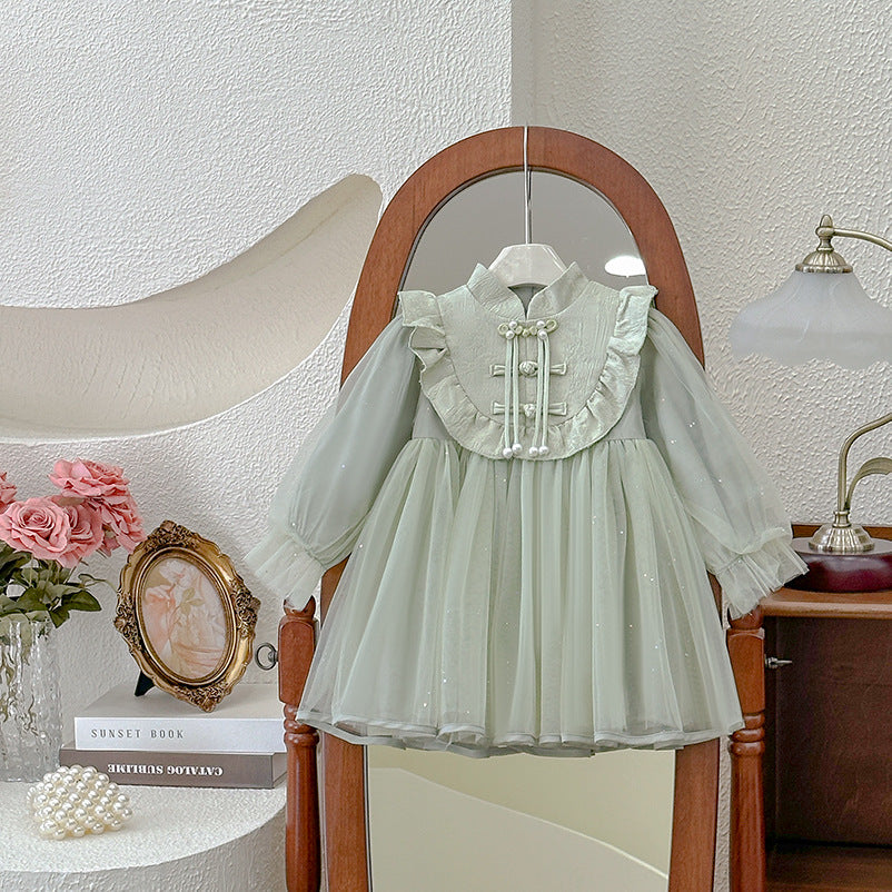 Girls' dress  spring new arrival: gentle, modern chinese style, single-breasted button, flared skirt, kids' birthday dress, trendy