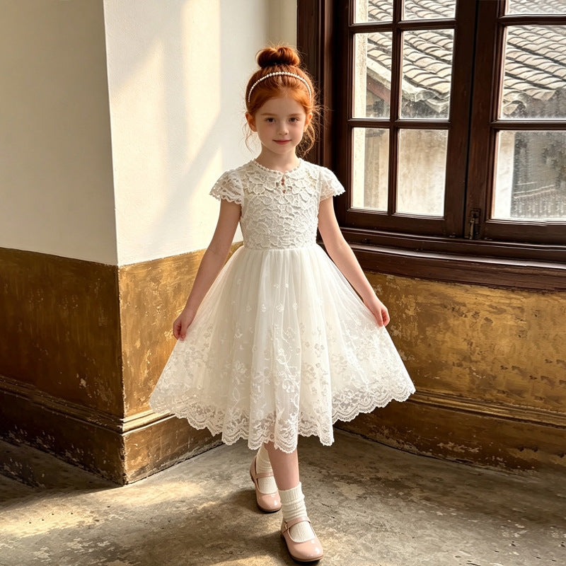 export girls' dress - lace trim, short sleeve, white, vacation style, tulle skirt, summer children's dress - in stock
