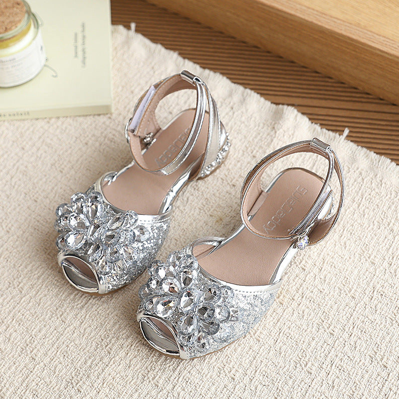 Girls' sandals summer children's princess shoes silver crystal shoes with dress baby girl kids' shoes stylish performance sandals