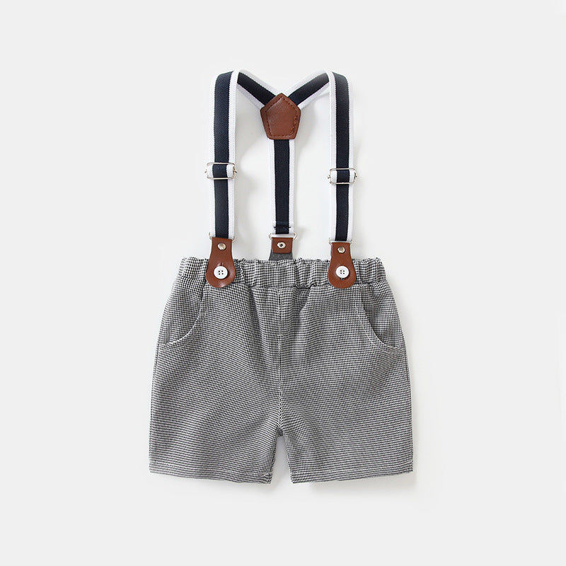 summer gentleman's kids' outfit: preppy style short-sleeve shirt and overalls two-piece set - wholesale for boys