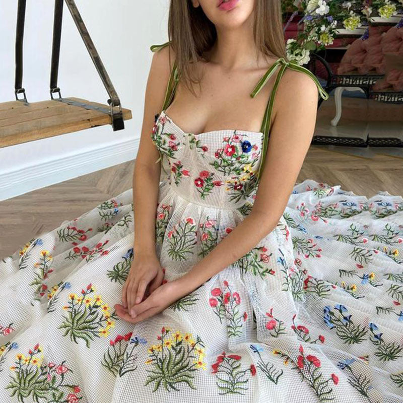 new european and american cross-border women's fashion: cinched waist, sexy criss-cross strappy backless slip dress with embroidered detailing - spring maxi dress
