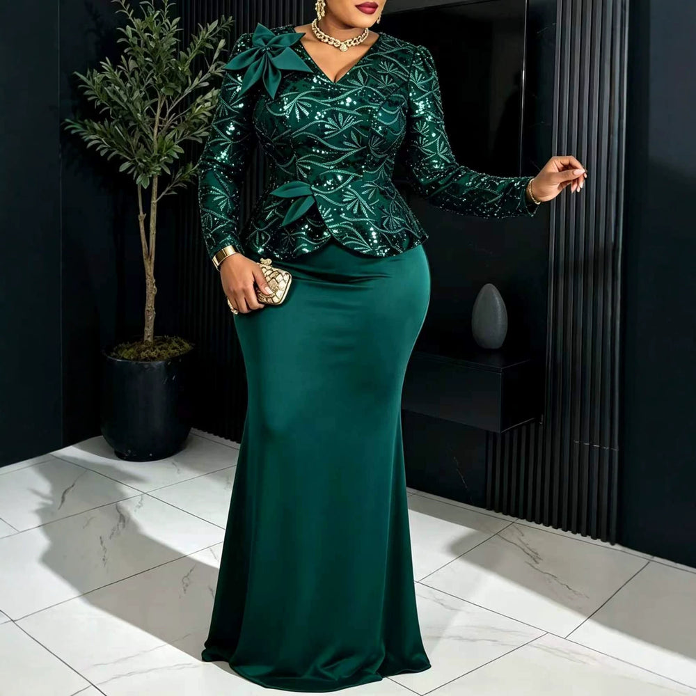 New plus size sequin party dress - 3d floral slim fit patchwork long sleeve banquet cocktail elegant evening gown