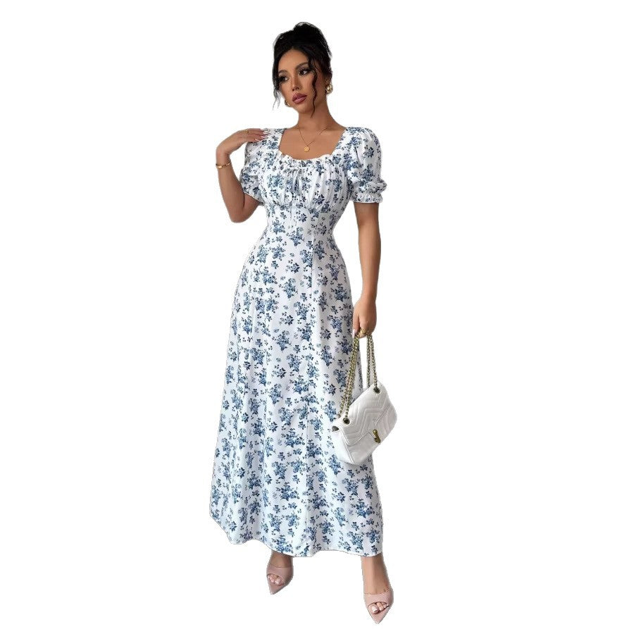 new european and american style printed v-neck summer bubble sleeve dress