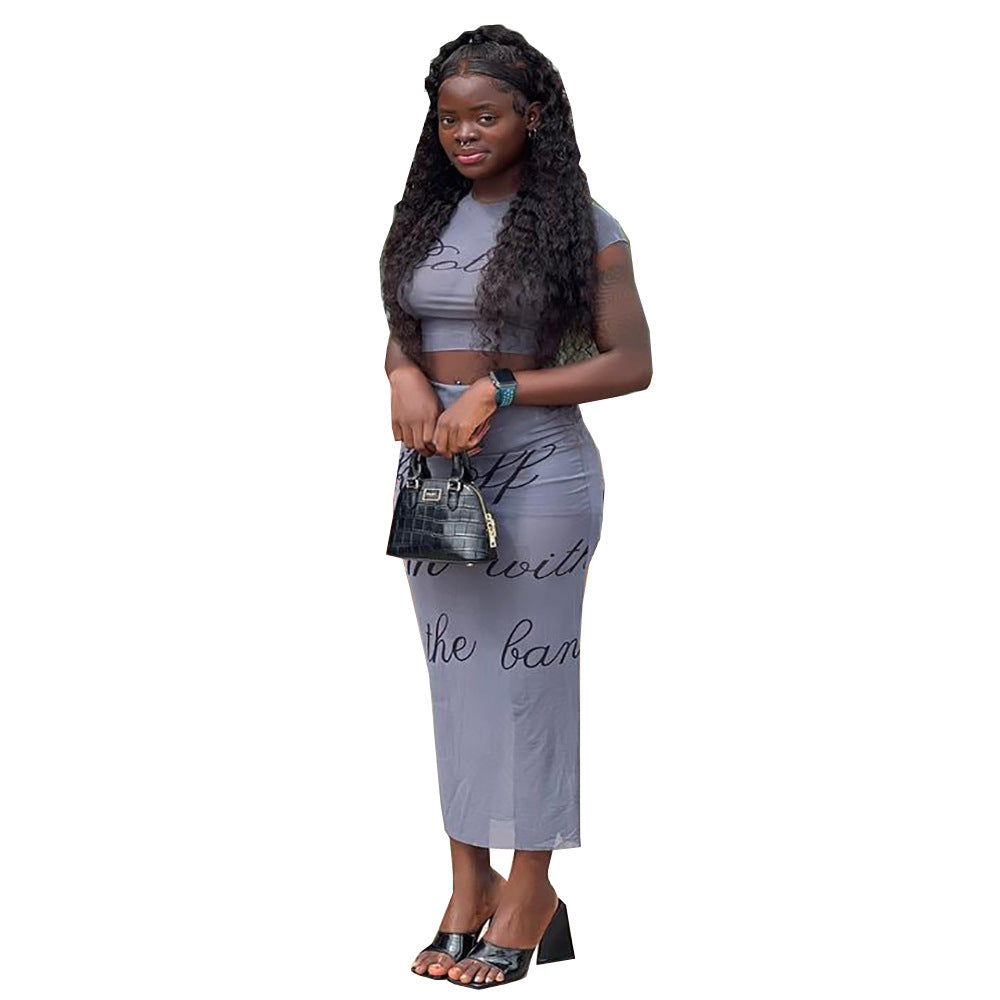 European and american cross-border women's fashion  summer new sexy hot girl mesh see-through letter print short sleeve dress set