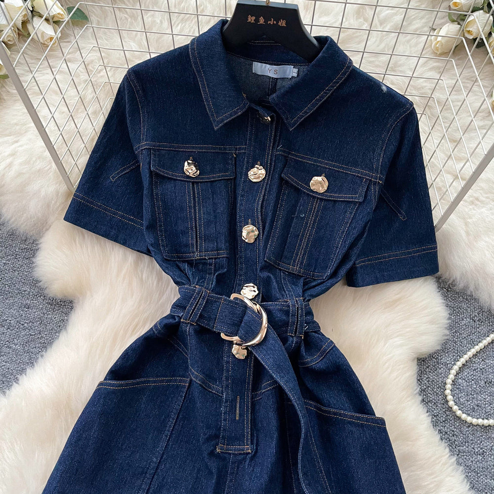 Korean style commute-inspired denim jumpsuit: high-waisted, slim-fit, metallic buckle detail, multi-pocket design
