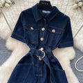 Korean style commute-inspired denim jumpsuit: high-waisted, slim-fit, metallic buckle detail, multi-pocket design