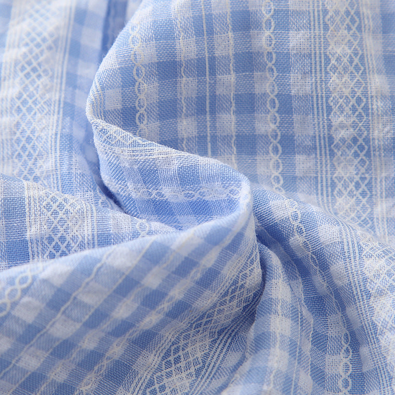 Girls' outfit set  new sweet style baby girl clothes two-piece set pastoral blue plaid top children's clothing