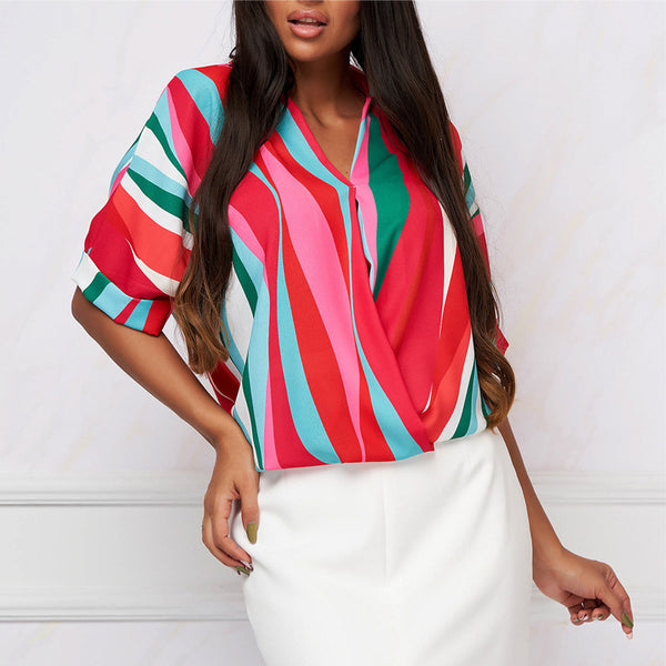 Spot, summer European and American shirts women's  pullover loose  women's  striped short-sleeved shirt summer