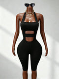 new solid color bodysuit - slim fit activewear, casual halter neck, open back jumpsuit - fashionable and high-end