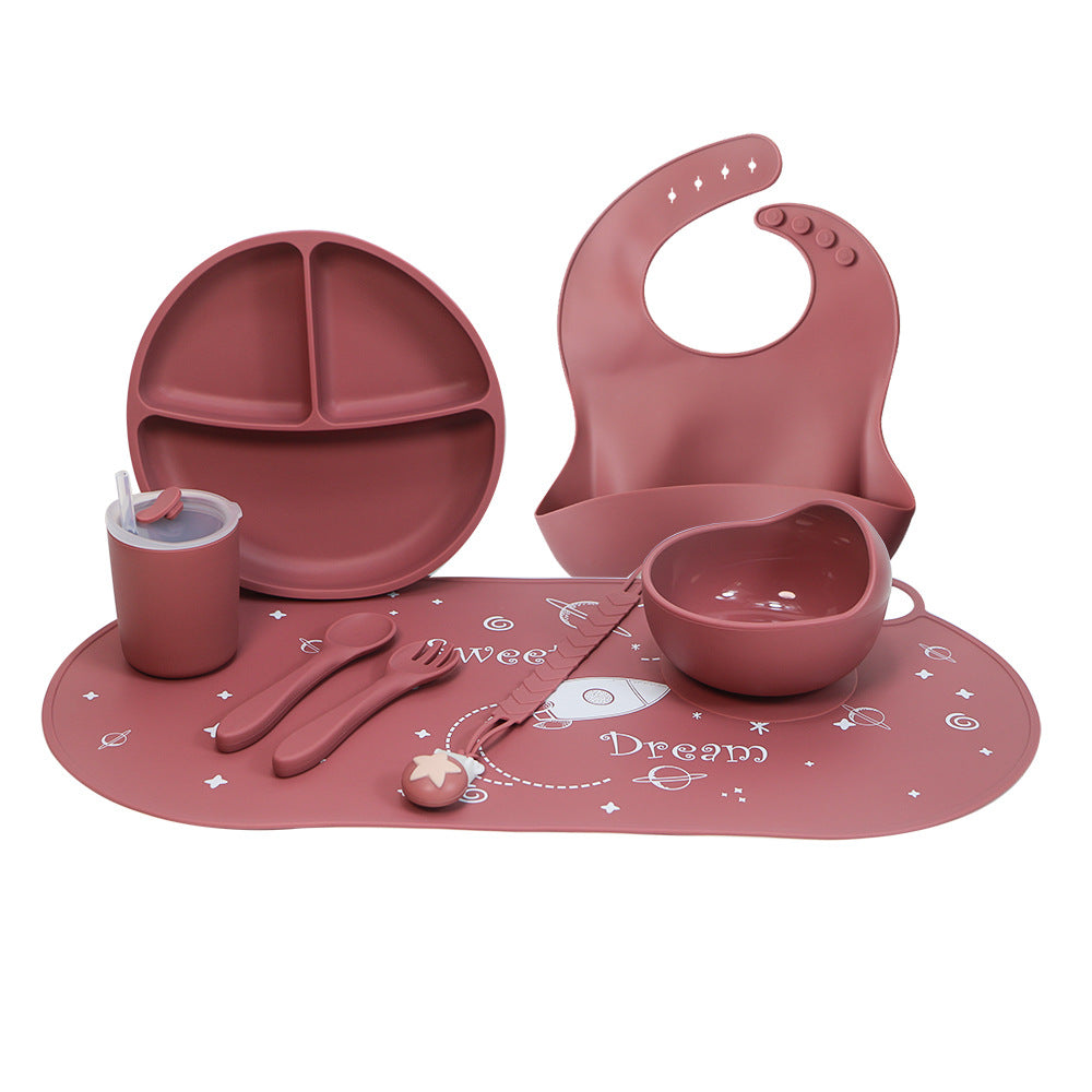 hot-selling children's food supplement silicone dinner plate, bowl, fork, spoon, bib, eight-piece tableware set, anti-fall dinner plate, suction cup