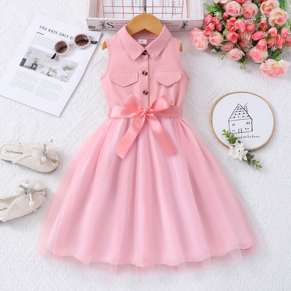 Girls' (sizes) solid color sleeveless turn-down collar mesh dress with woven belt