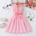 Girls' (sizes) solid color sleeveless turn-down collar mesh dress with woven belt