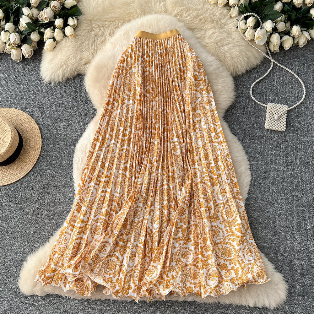 Vintage print pleated elastic waist fashion skirt - women's high-waisted a-line skirt - commute-friendly, flowy maxi skirt for summer