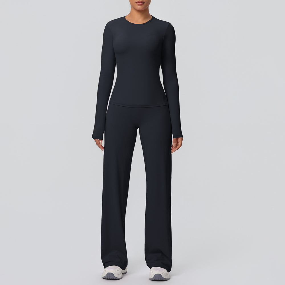 Cloud-feel outdoor casual yoga outfit: long-sleeve t-shirt top & high-waisted wide-leg active wear set for running and fitness
