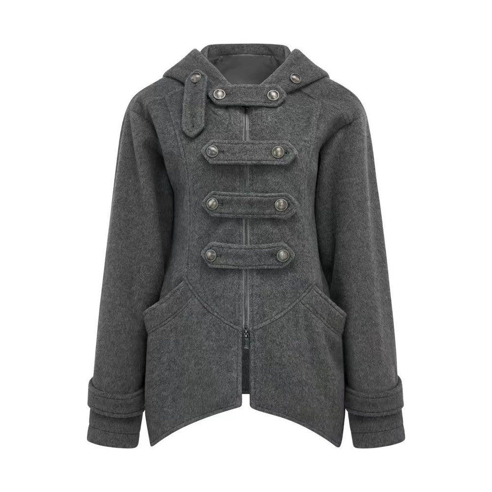 cross-border fashion napoleon woolen hooded outwearretrocasualasymmetrical hem medium longtops