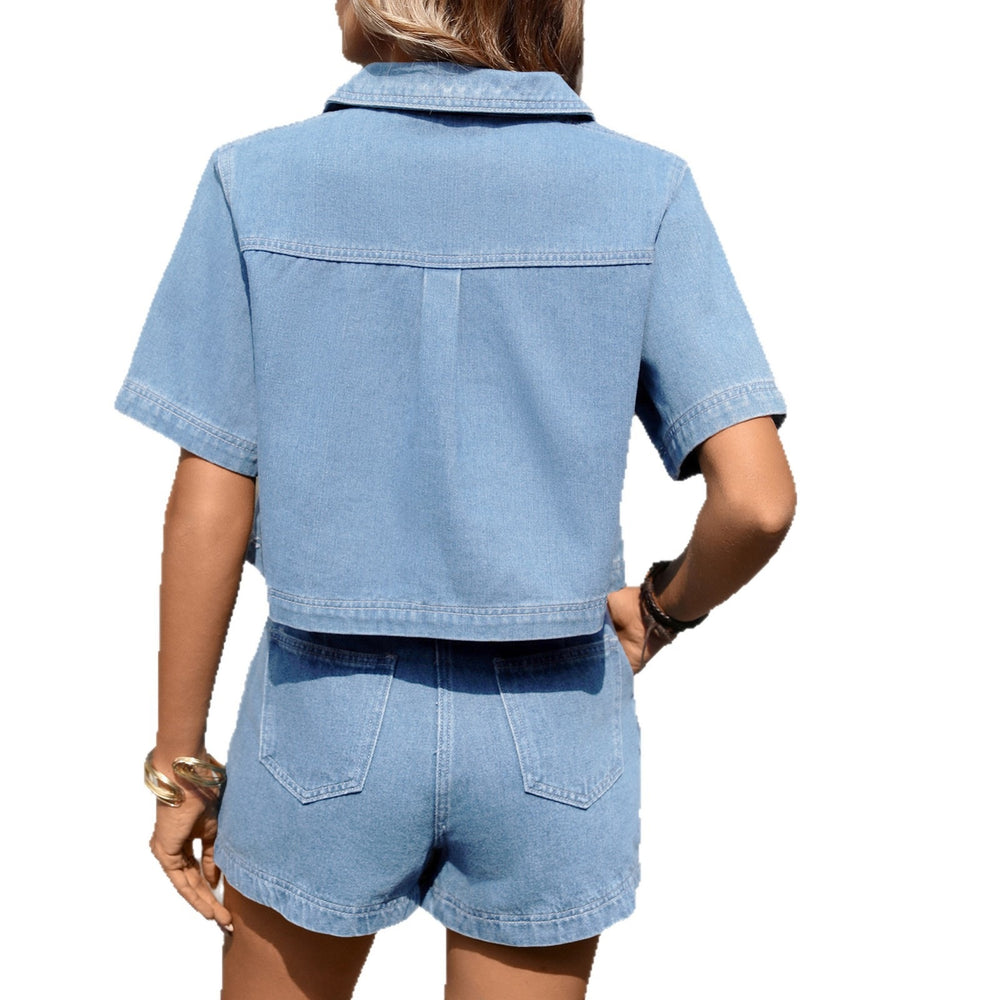 Fashion cross-border foreign trade  independent station new washed v-neck short-sleeved loose irregular denim suit for women