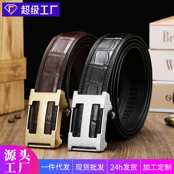 Men's authentic crocodile leather belt genuine leather pure belly luxury business men's pants belt smooth automatic buckle