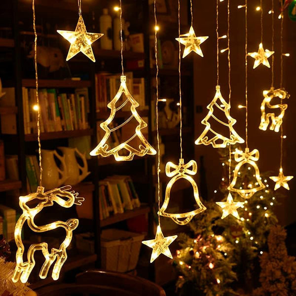 LED Christmas Day window decoration creative curtain lights, stars, deer bells, Christmas tree, curtain decoration lights