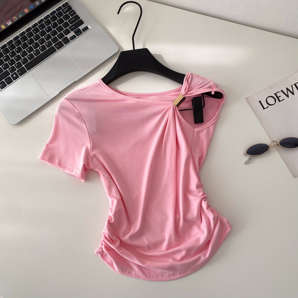 Korean style commute chic one-shoulder twist knot minimalist short sleeve t-shirt - women's summer loose fit, slimming design with ruched detail