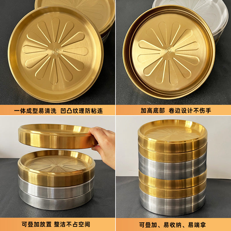 304 stainless steel hot pot plate round vegetable plate kitchen frosted gold side dish plate thickened stackable barbecue plate