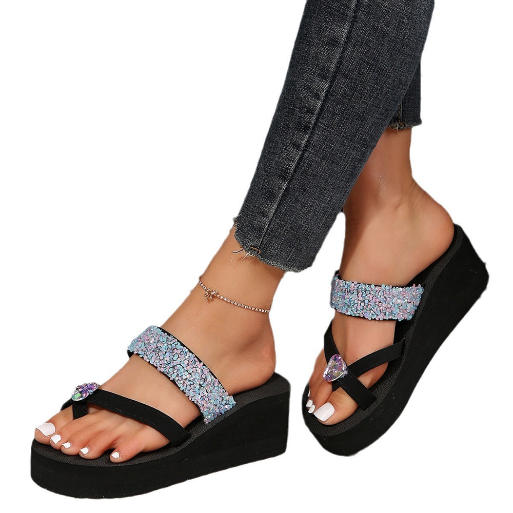 2024 new rhinestone heart flip-flops, cute thong sandals, high heel platform wedge slides