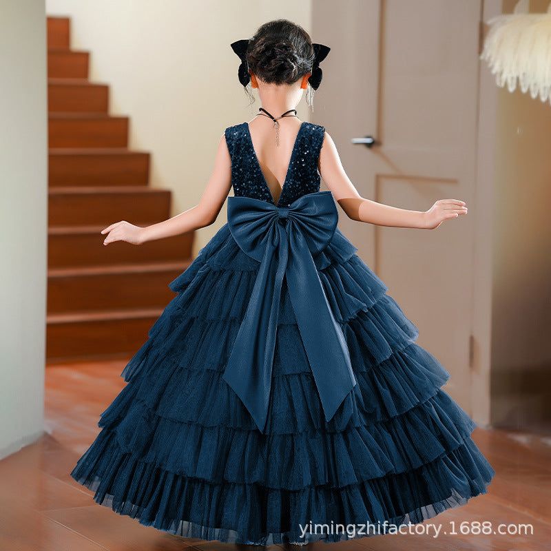 European and american custom girls' formal dress - deep v-back, puffy princess style, children's cake dress, ages 3-6
