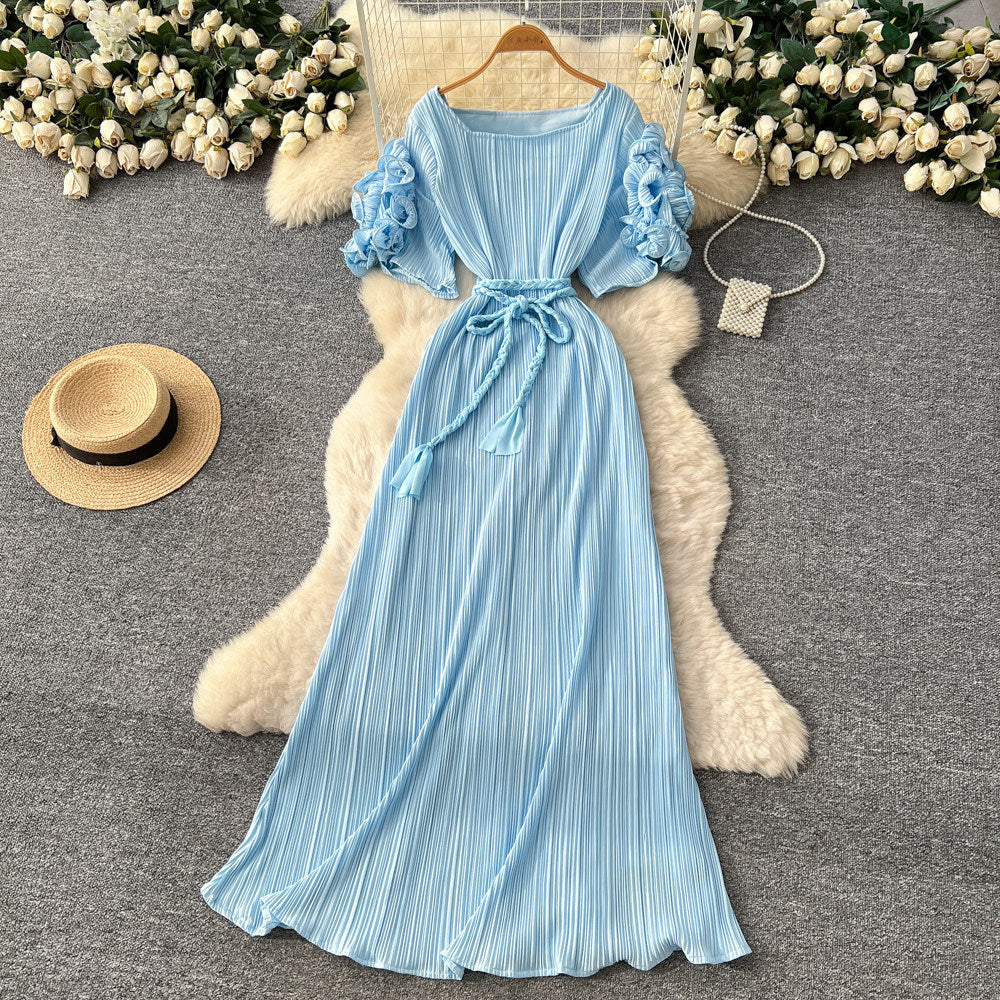 French-inspired pleated, waist-cinching, slimming dress for women. red, tie-waist, elegant, and flowy maxi dress, perfect for the office