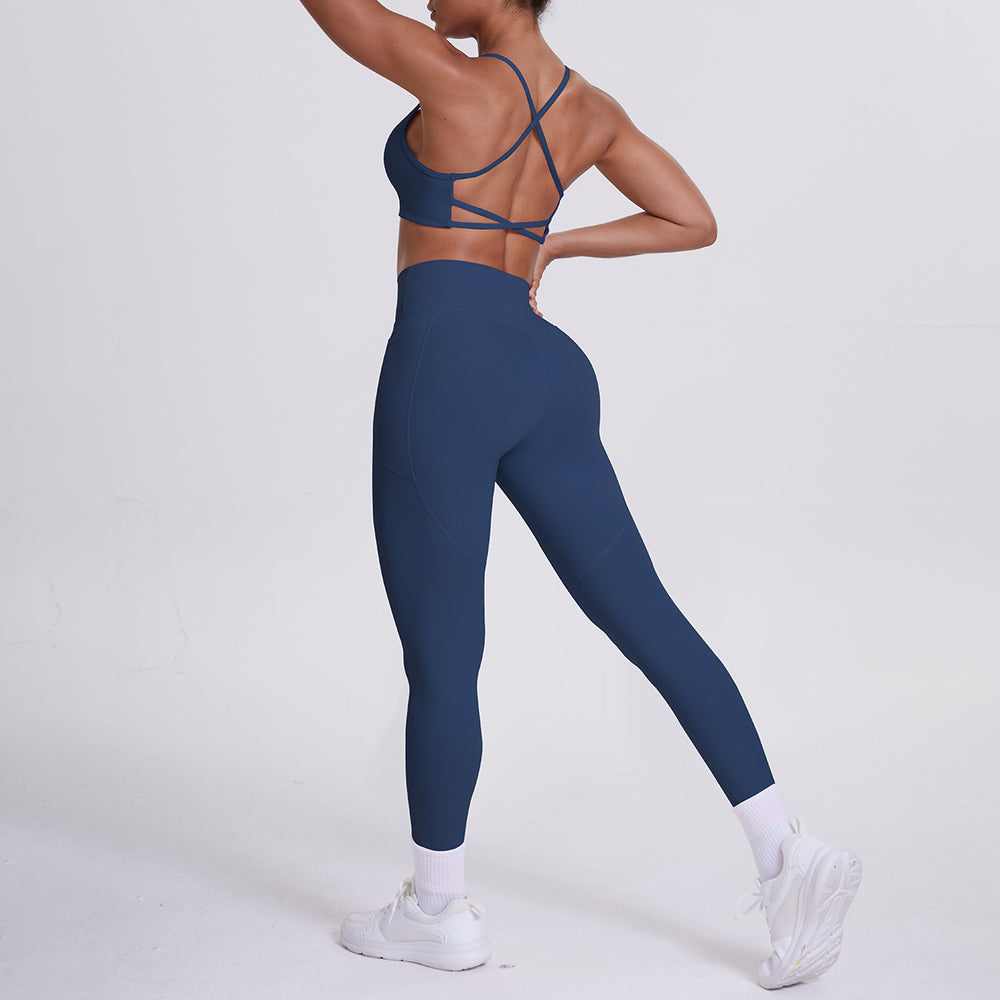 double-sided nylon beautiful back tight cross beautiful back flap pocket pants sports yoga suit running fitness two-piece set