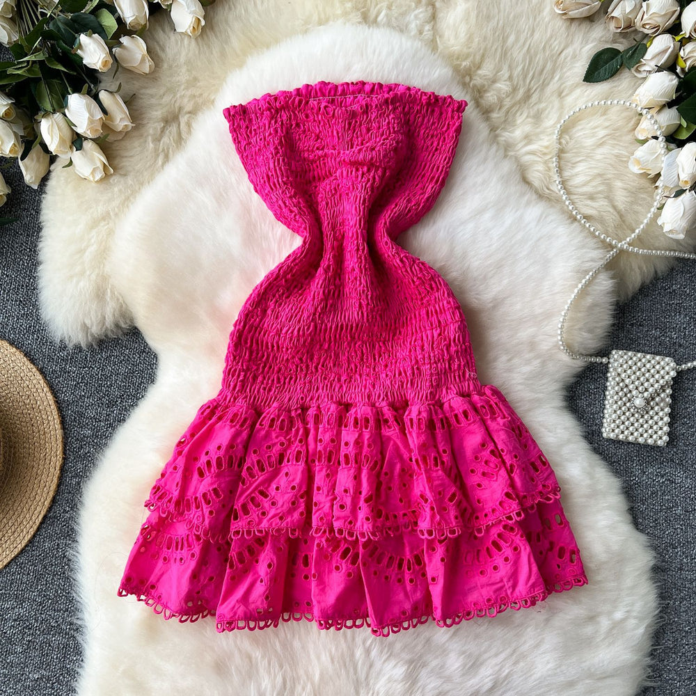 New women's vacation dress: designer ruched sleeveless bandeau dress with cinched waist, slimming cutout embroidery, and ruffle hem