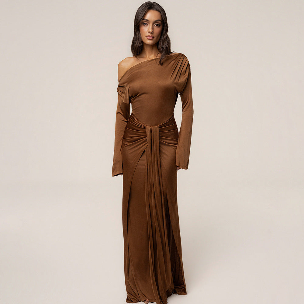 Amazon women's fashion: new autumn  collection - elegant off-the-shoulder ribbon dress, long sleeve slim-fit maxi dress