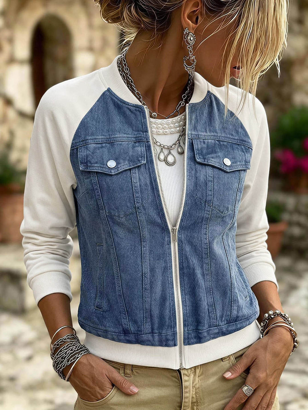 Faux denim patchwork plus size baseball jacket - raglan sleeve, zipper closure, pocket detail, relaxed fit, women's cropped jacket