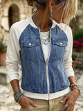 Faux denim patchwork plus size baseball jacket - raglan sleeve, zipper closure, pocket detail, relaxed fit, women's cropped jacket