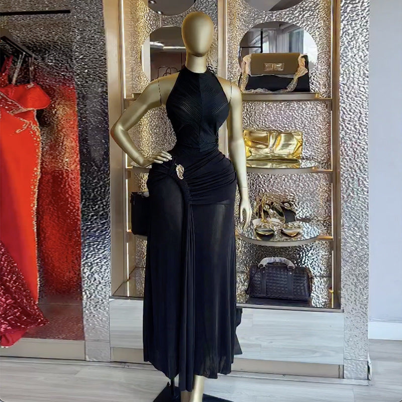 European and american cross-border women's fashion:  summer new arrival - sexy and elegant halter neck sleeveless ruched bodycon midi dress