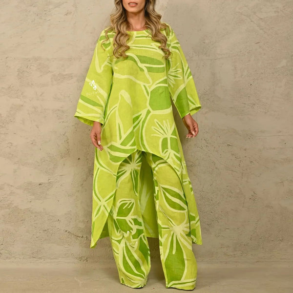 New European and American women's clothing fashion loose large size printing irregular top high waist straight pants set high waist and thin