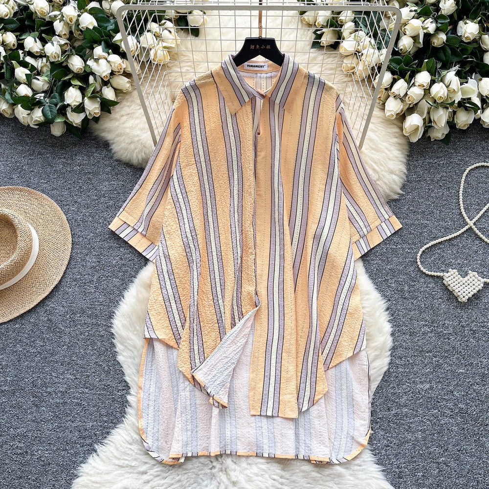 Relaxed fit shirt for women -  summer collection: effortless style, unique design, loose fit, slimming, casual, irregular striped pattern with hotfix rhinestone detailing