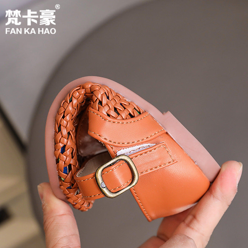 Vancahao girls' knitted leather shoes -  summer new arrivals: korean-style grandma shoes, open-toe sandals for kids
