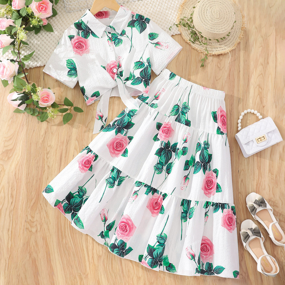 new arrival female youth short-sleeved lapel flower printing + skirt suit one piece dropshipping